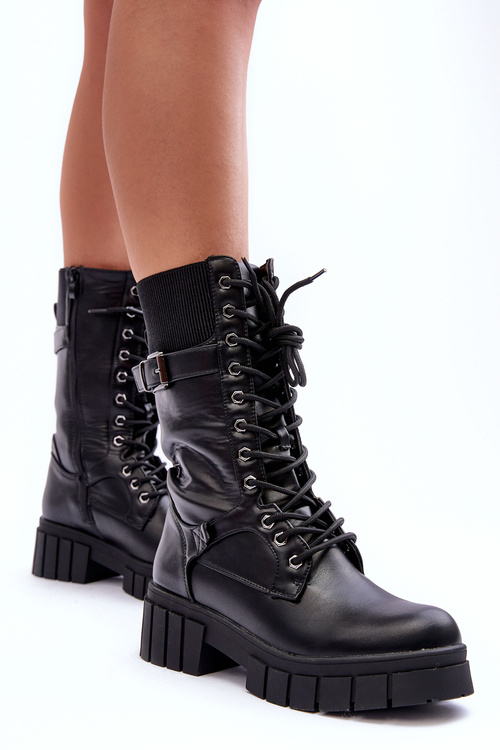 Skórzane Damskie Wysokie Botki Workery Czarne Madit