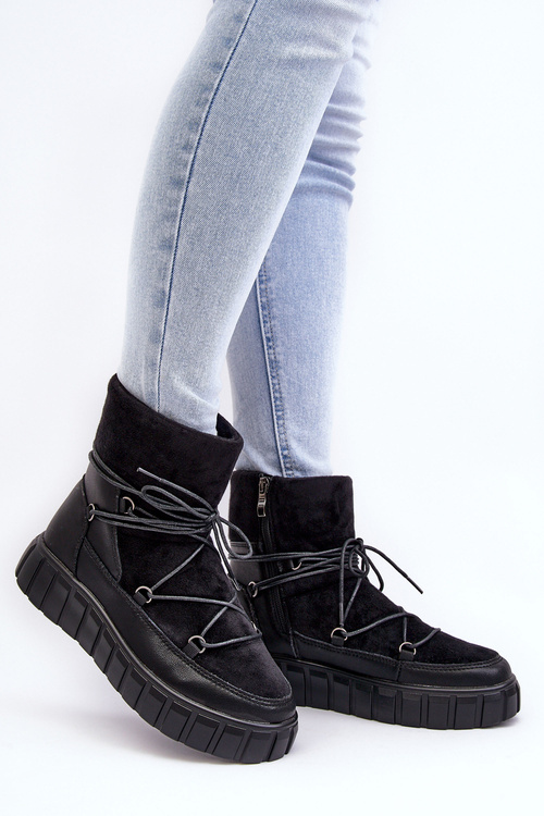 Skórzane Śniegowce Botki Na Platformie Czarne Maxava
