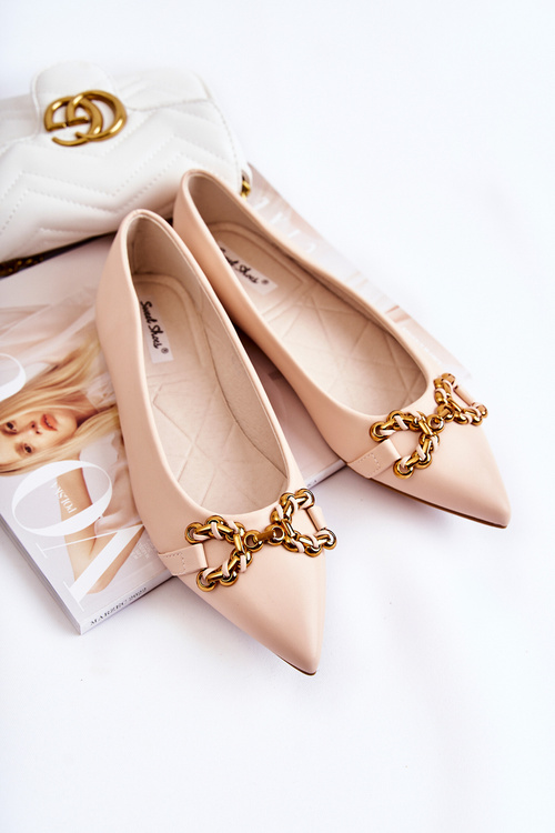 Damskie Skórzane Baleriny W Szpic Z Ozdobą Beżowe Carlos