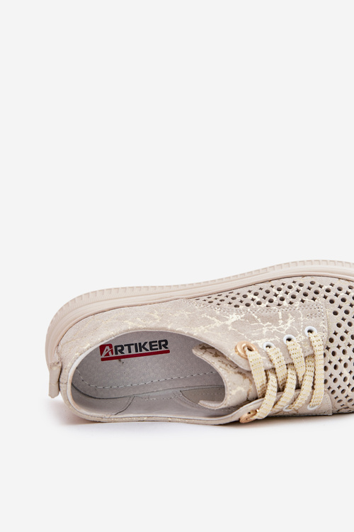 Zamszowe Ażurowe Półbuty Damskie Na Platformie Artiker 56C2108 Beżowo-Złote