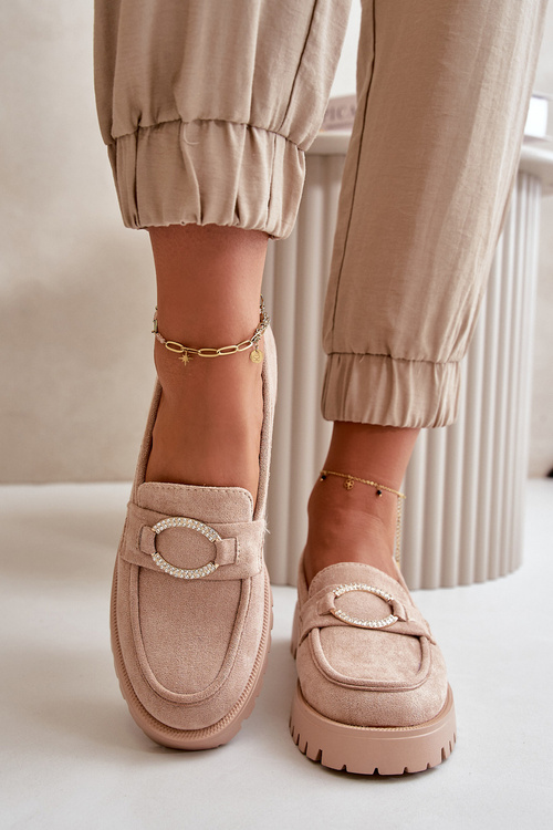 Damskie Eko Zamszowe Mokasyny Z Błyszczącym Detalem Beżowe Avellina