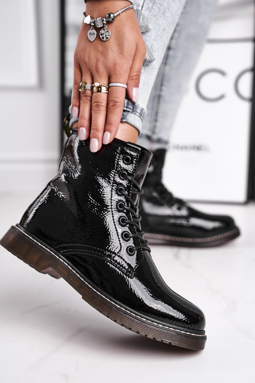 Botki Damskie Lakierowane Trapery Glany Czarne Marita