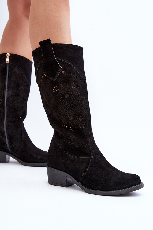Zazoo 4043 Zamszowe Kozaki Na Niskim Obcasie Ażurowe Czarne