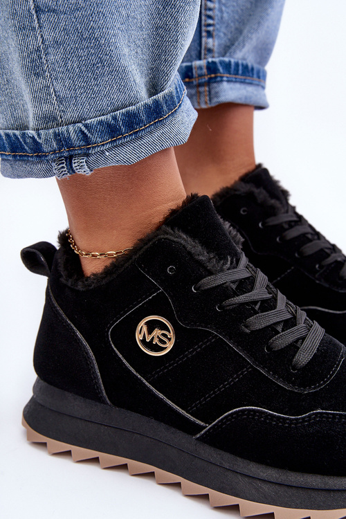 Ocieplane Skórzane Buty Sportowe Na Platformie Czarne Adite