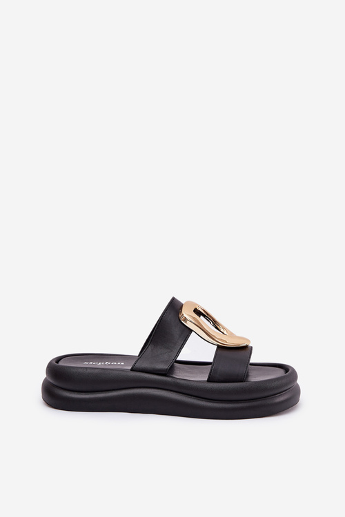 Klapki Damskie Na Platformie Ze Złotym Detalem Czarne Ularinea