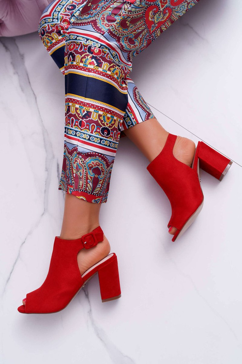 Sandały Damskie Na Słupku Z Cholewką Peep Toe Czerwone Esta