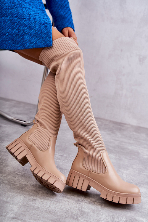 Wysokie Damskie Kozaki Za Kolano Beżowe Austin