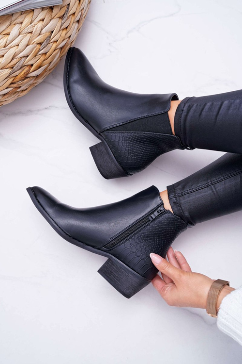 Botki Damskie Płaski Obcas W Szpic Suwak Czarne Derme