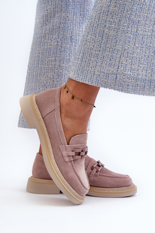 Mokasyny Damskie Zamszowe Na Płaskim Obcasie Z Ozdobą D&A TW101 Brudny Róż