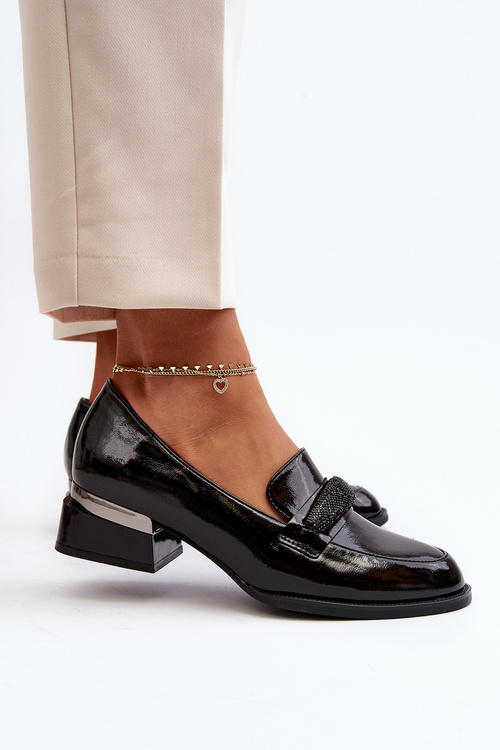 Damskie Półbuty Lakierowane Na Niskim Obcasie Czarne Marilni