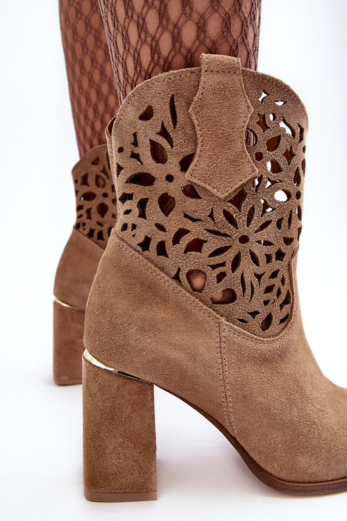Zamszowe Ażurowe Botki Lewski Shoes 3264 Ciemnobeżowe
