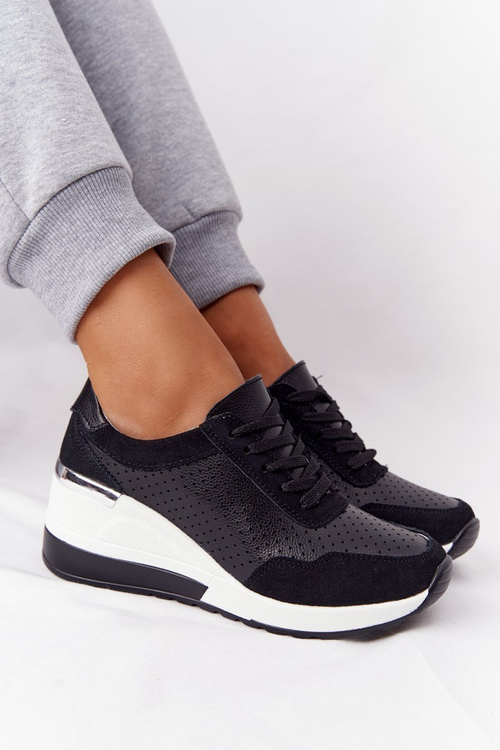 Ażurowe Skórzane Sneakersy Na Koturnie S.Barski Czarne