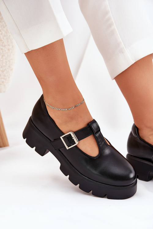 Półbuty Damskie Z Klamrą Na Platformie I Płaskim Obcasie Czarne Venda