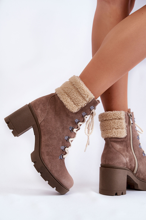 Damskie Zamszowe Botki Sznurowane Na Obcasie Brązowe Lemar Fenya