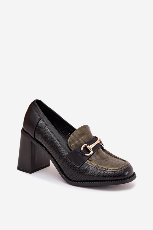 Półbuty Damskie Na Słupku Z Tłoczeniem I Złotym Detalem Zielono-Czarne Novella