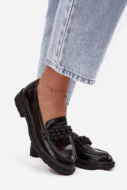 Mokasyny Damskie Lakierowane Z Koralikami S.Barski HY52-541 Czarne