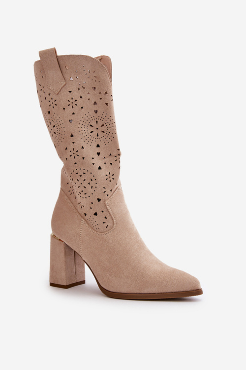 Ażurowe Botki Damskie Na Słupku Z Noskami W Szpic Eko Zamszowe Beżowe Nevithra