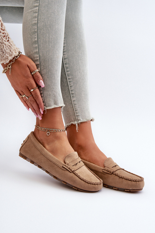 Klasyczne Mokasyny Damskie Zamszowe Ciemnobeżowe Glimris