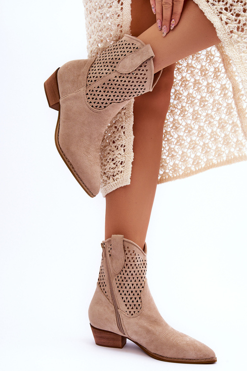 Damskie Ażurowe Botki Kowbojki Beżowe Reeds