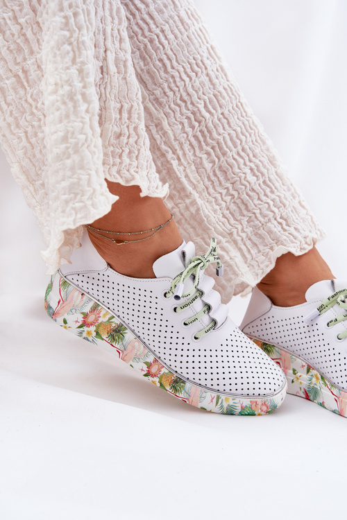 Skórzane Półbuty Na Koturnie Ze Wzorem Artiker 54C1807 Biało-Zielone