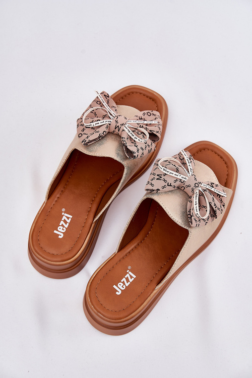 Klapki Damskie Na Koturnie Z Kokardą Złote Moonzella