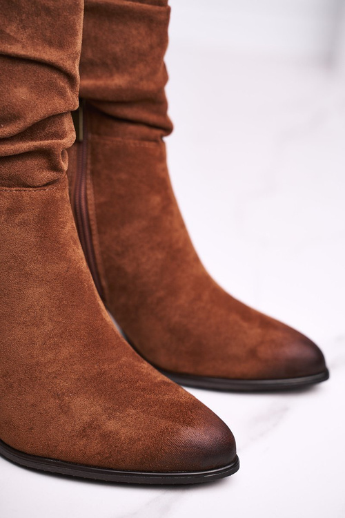 Botki Damskie Na Słupku Eko-Zamsz Camel Up Side