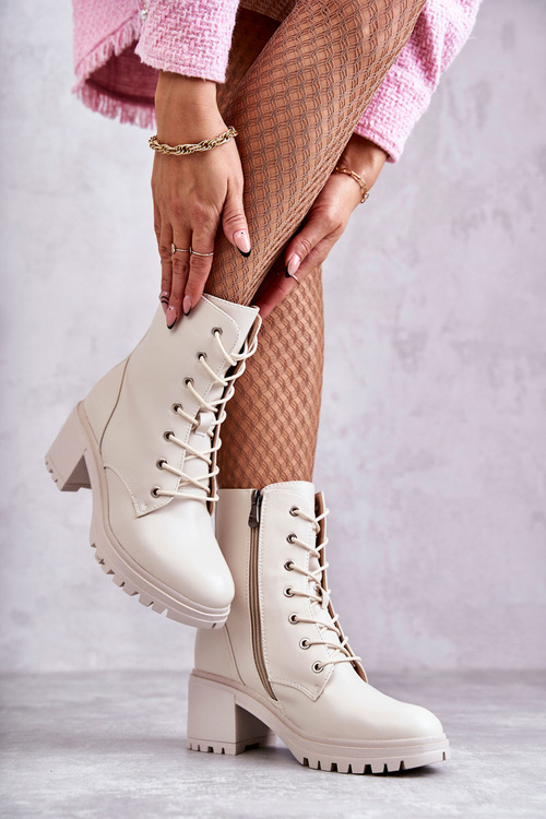 Damskie Ocieplane Botki Na Obcasie Jasny Beż Grethe