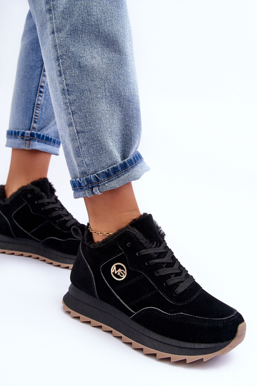 Ocieplane Skórzane Buty Sportowe Na Platformie Czarne Adite