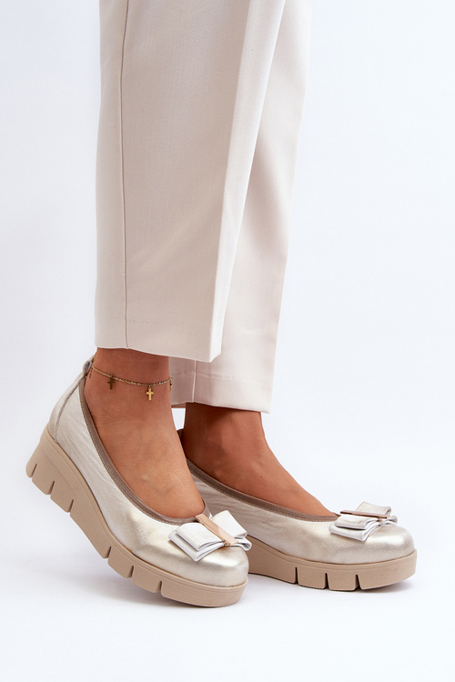 Baleriny Skórzane Na Platformie Z Ozdobą Złote Lewski 3384