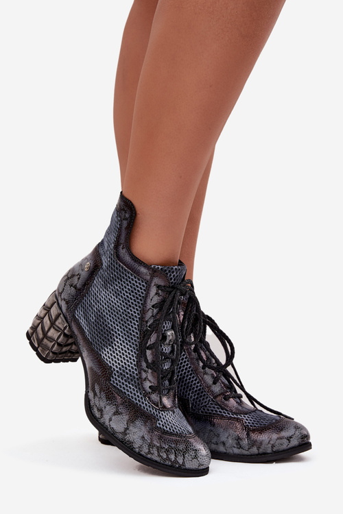 Skórzane Botki Damskie Na Słupku Maciejka 06989-03 Szare