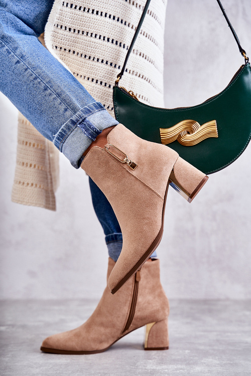 Zamszowe Botki Na Słupku Z Ozdobą Beżowe Erine