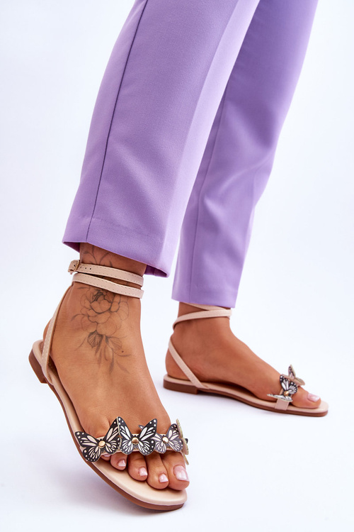 Damskie Sandały Z Ozdobnymi Motylami Beżowe Jeane