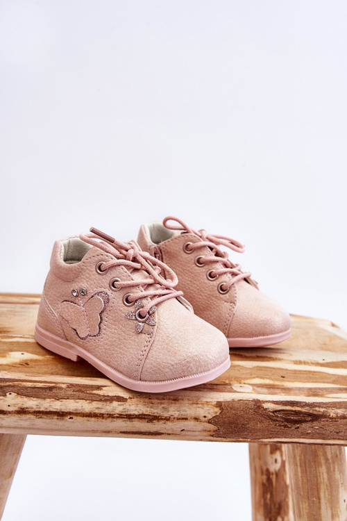 Skórzane Botki Sznurowane Z Motylkiem Różowe Avi