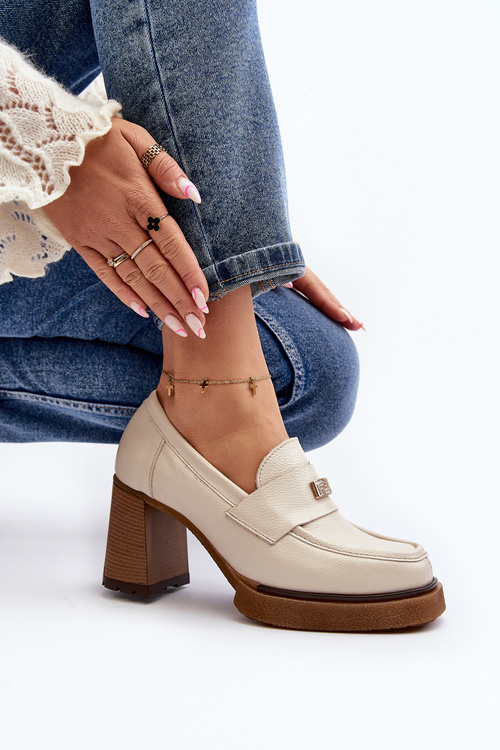 Zazoo 20169 Skórzane Półbuty Na Obcasie Beżowe
