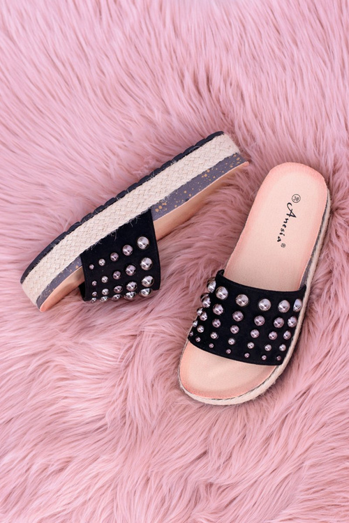 Damskie Czarne Klapki z Cyrkoniami Orto