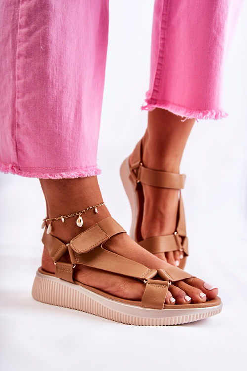 Damskie Skórzane Sandały Na Rzep Camel Clarisse