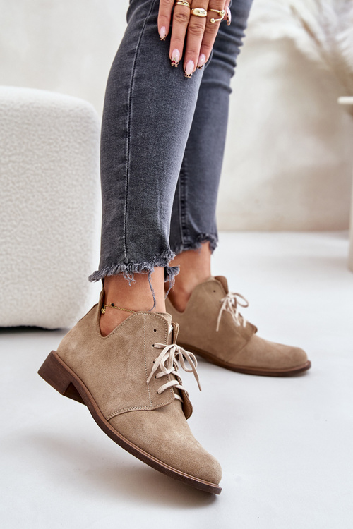 Zazoo 2959 Zamszowe Półbuty Oksfordki Sznurowane Na Płaskim Obcasie Beżowe