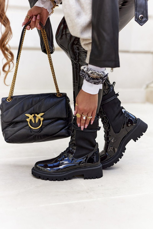 Damskie Botki Workery Lakierowane Czarne Maxine