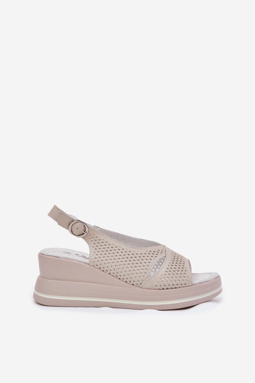 Skórzane Sandały Damskie Na Koturnie S.Barski LR51-660 Beżowe