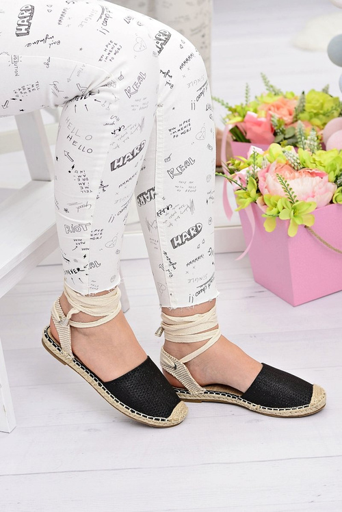 Damskie Lniane Balerinki Wiązane Czarne Espadryle Sea