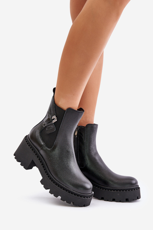 Zazoo 60490 Skórzane Ocieplane Botki Z Ozdobą Czarne