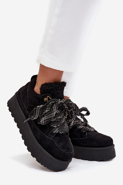 Sznurowane Śniegowce Damskie Na Platformie Ocieplane Futerkiem Czarne Tavelle