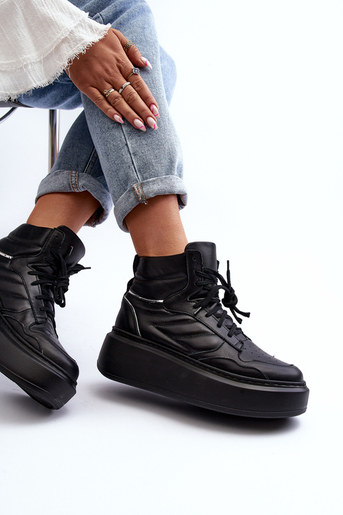 Zazoo 3392/X Damskie Skórzane Buty Sportowe Na Platformie Czarne