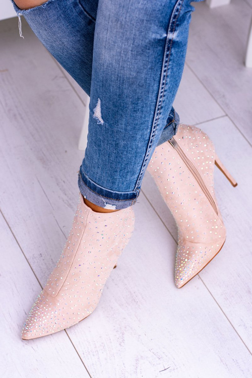 Lu Boo Beżowe Wysokie Zamszowe Botki na Szpilce Cyrkonie Cubano