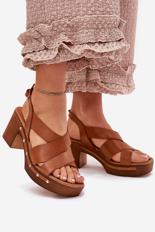 Skórzane Sandały Na Słupku Zazoo 1081 Brązowe