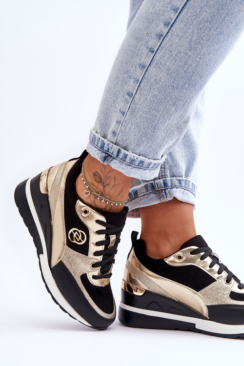 Damskie Sznurowane Buty Sportowe Na Koturnie Czarno-Złote Genova