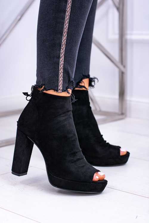 Damskie Botki Na Słupku Odkryte Palce Czarne Temira