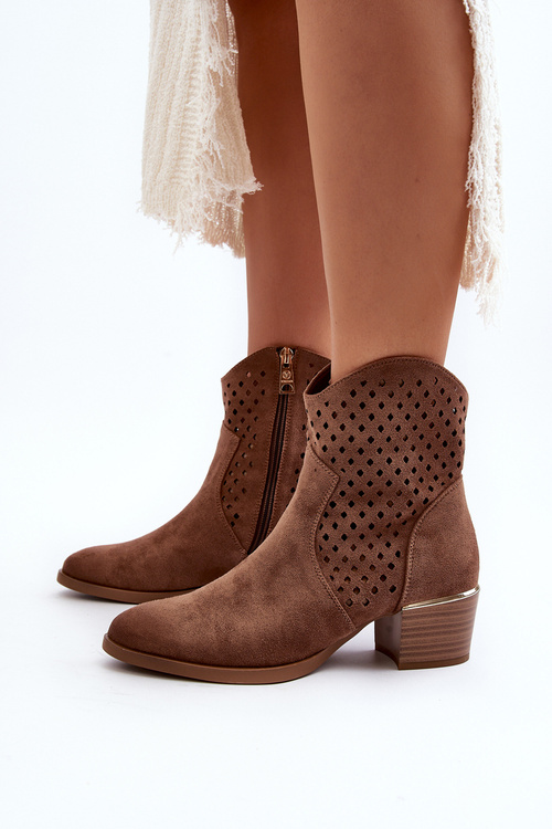 Ażurowe Botki Na Niskim Obcasie Brązowe Cilvana