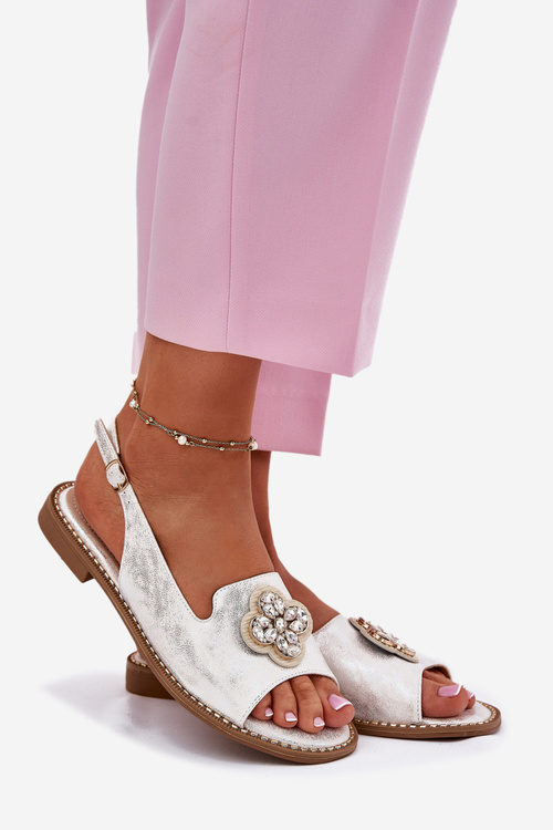 Sandały Damskie Na Płaskim Obcasie Z Ozdobnym Detalem S.Barski KV51-080 Srebrne