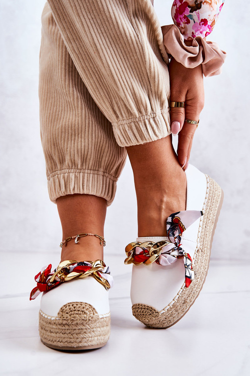 Skórzane Damskie Espadryle Z Łańcuchem Białe Fancy